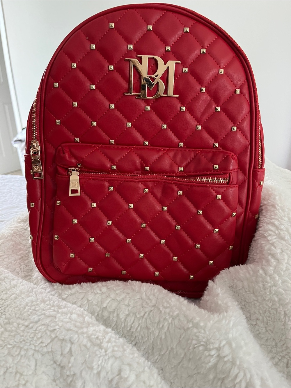 BADGLEY MISCHKA Red Quilted Studded Faux Leather Backpack -